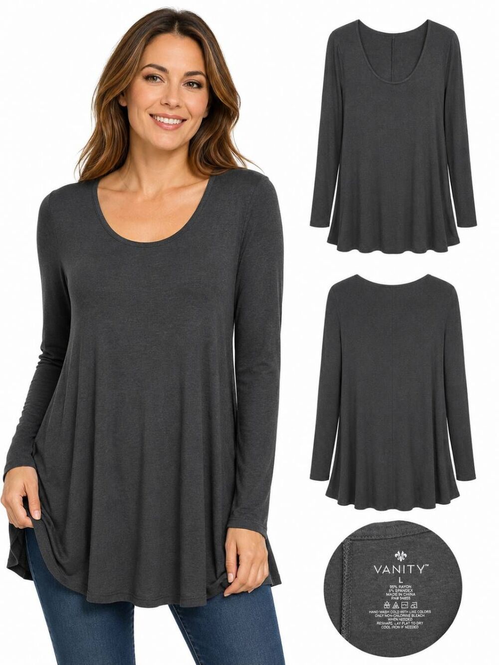 Vanity Black Tunic Top Long Sleeve Scoop Neck L
